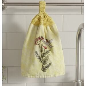 Flower Bird Print Kitchen Dish Towel with Knit Button Attached Loop Yellow